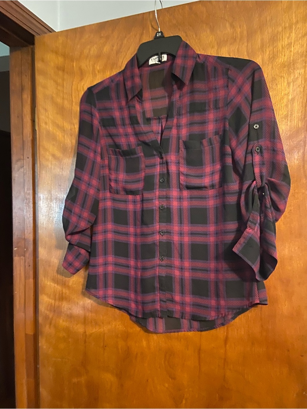 Express Plaid Button-Front Blouse in Black and Burgundy
